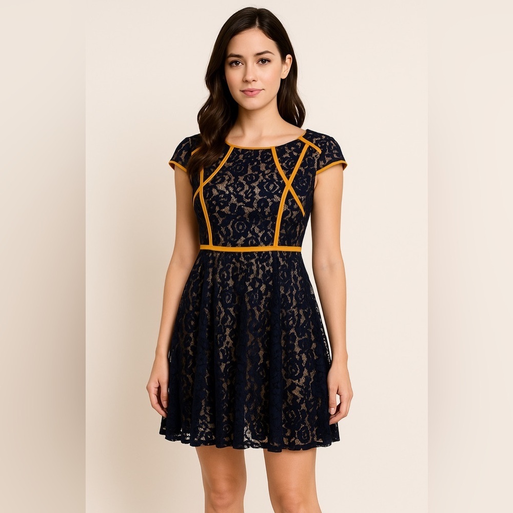 Finders Keepers Mr Jones Fit & Flare Dress Womens Sz M Navy Blue Lace Cap Sleeve